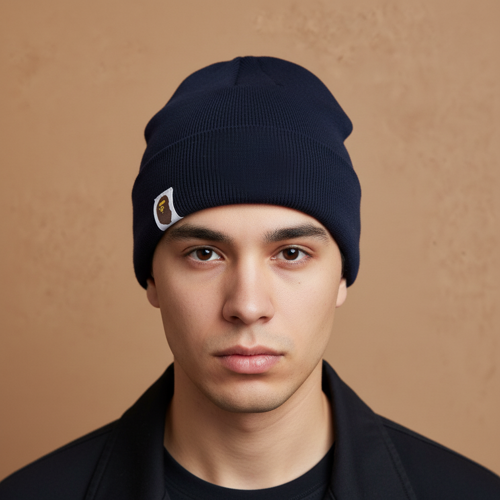 Man wearing navy blue knit beanie with small patch, neutral background, winter fashion