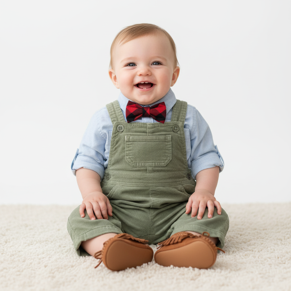 Smiling baby in green overalls, blue shirt, and red bow tie sitting on carpet