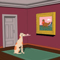 Illustration of a dog holding a slipper, staring at a framed painting of another dog in a room.