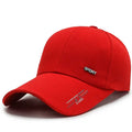 Red sport baseball cap with embroidered text and curved brim on white background