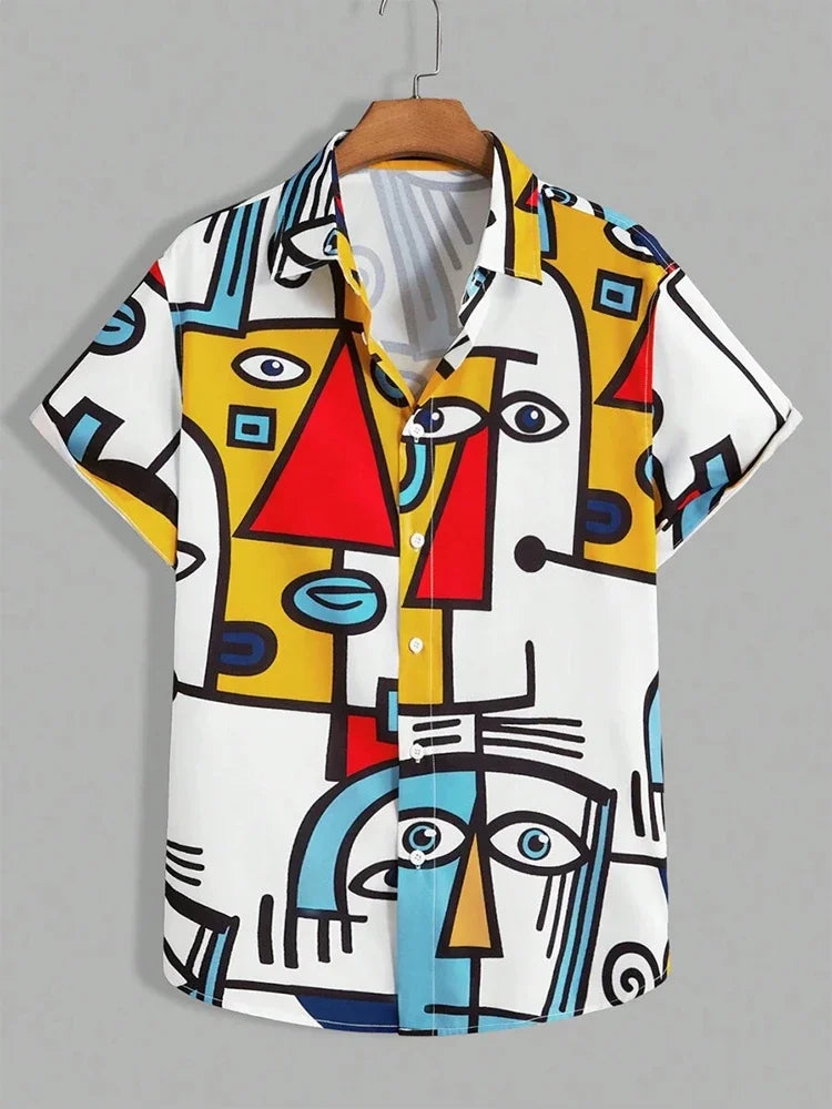 Men's short sleeve button-up shirt with abstract colorful geometric face print