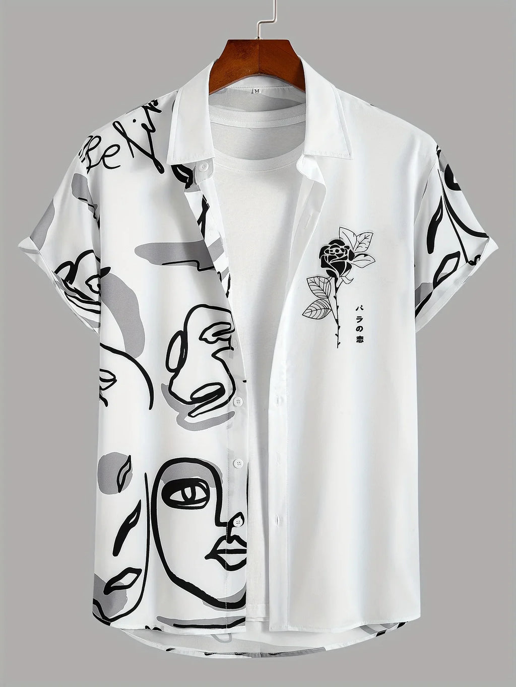 White short sleeve button-up shirt with abstract face print and rose graphic, modern casual style