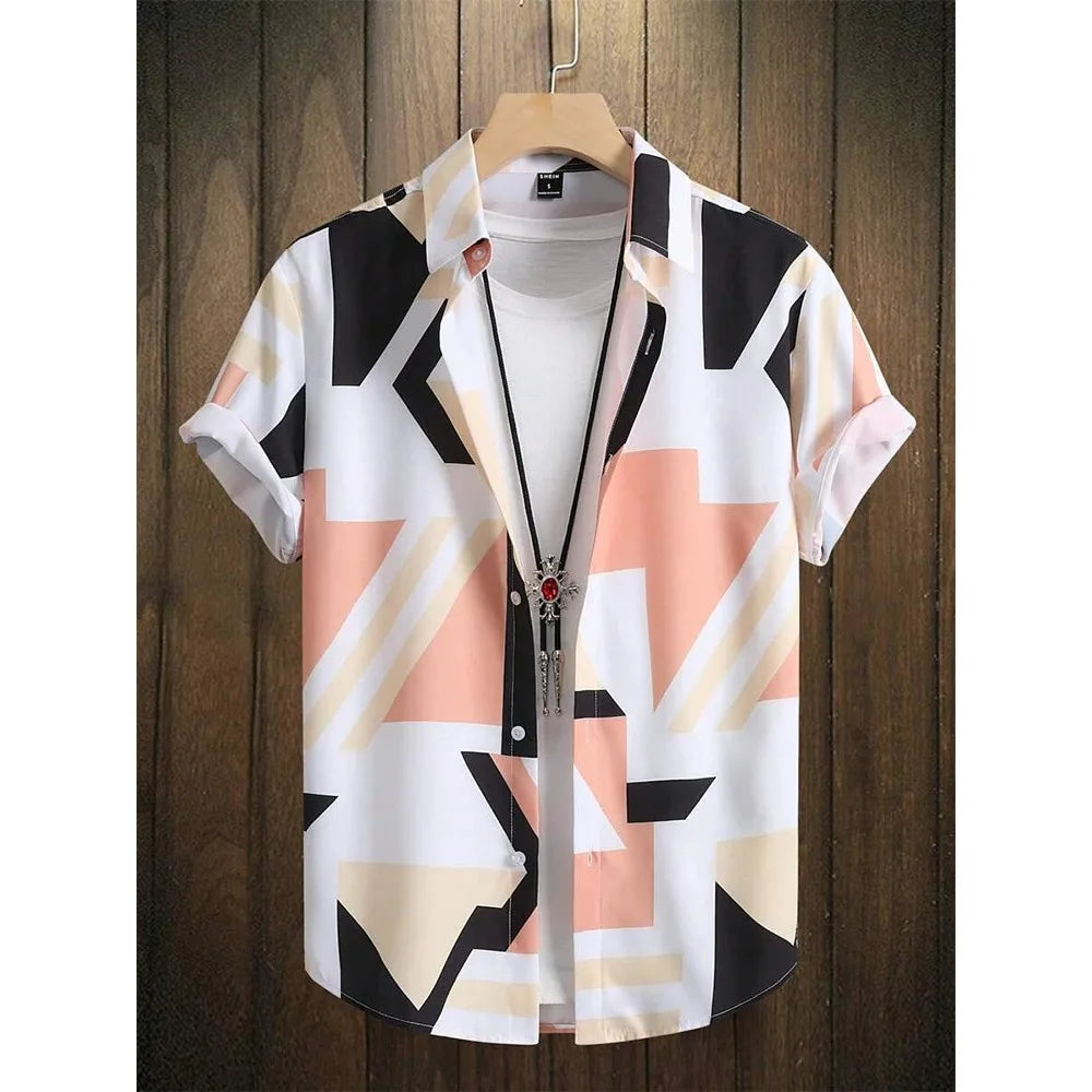 Men's short sleeve button-up shirt with abstract geometric pattern in peach, black, and beige