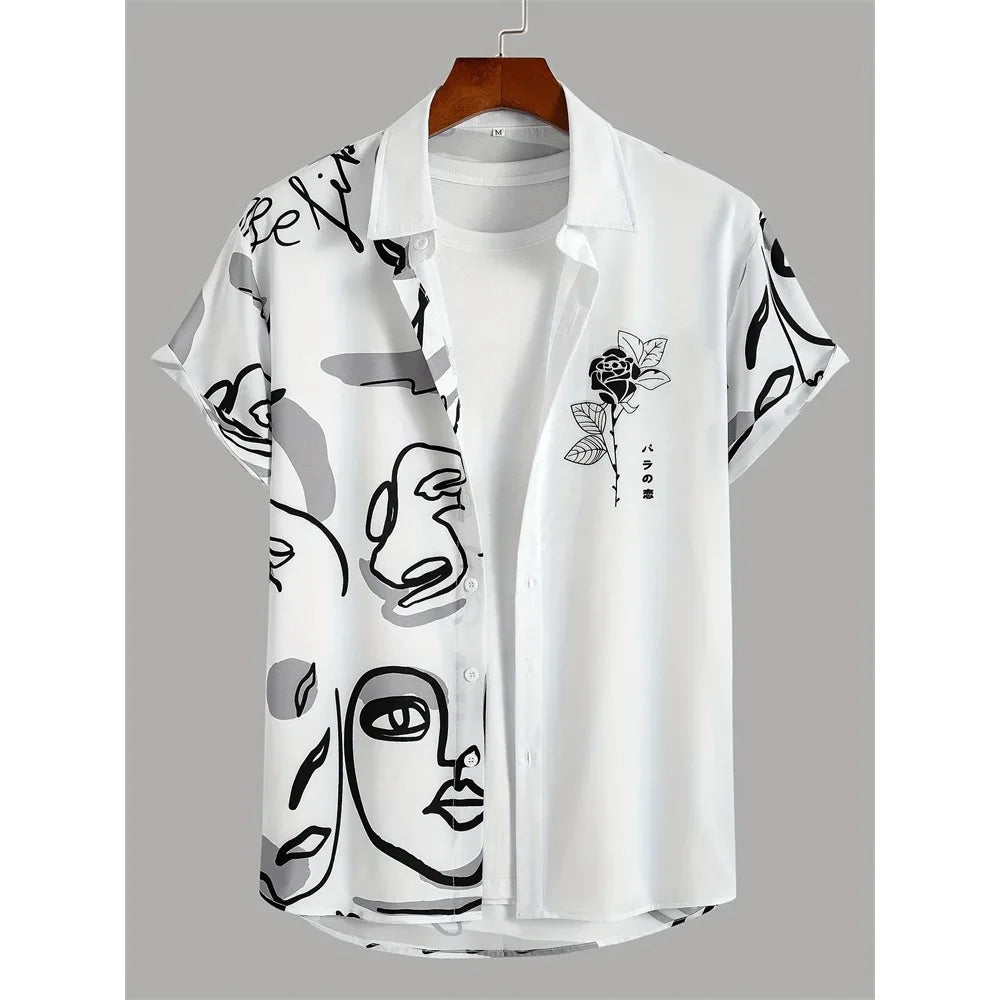White short sleeve shirt with abstract face and rose print, displayed on hanger