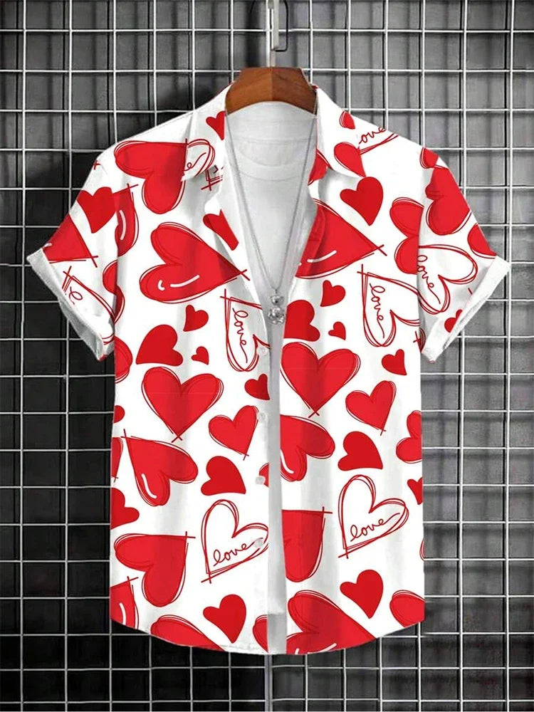 White short-sleeve shirt with red heart and love print, hanging on a grid wall
