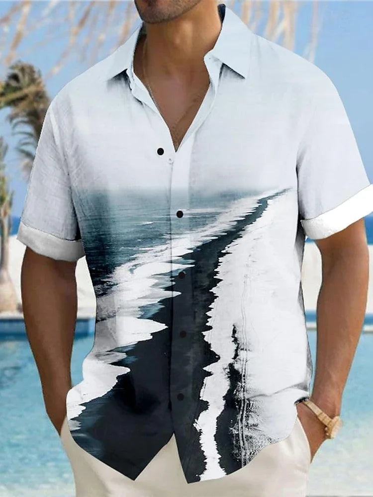 Men's beach shirt with ocean wave print, short sleeve, summer casual style