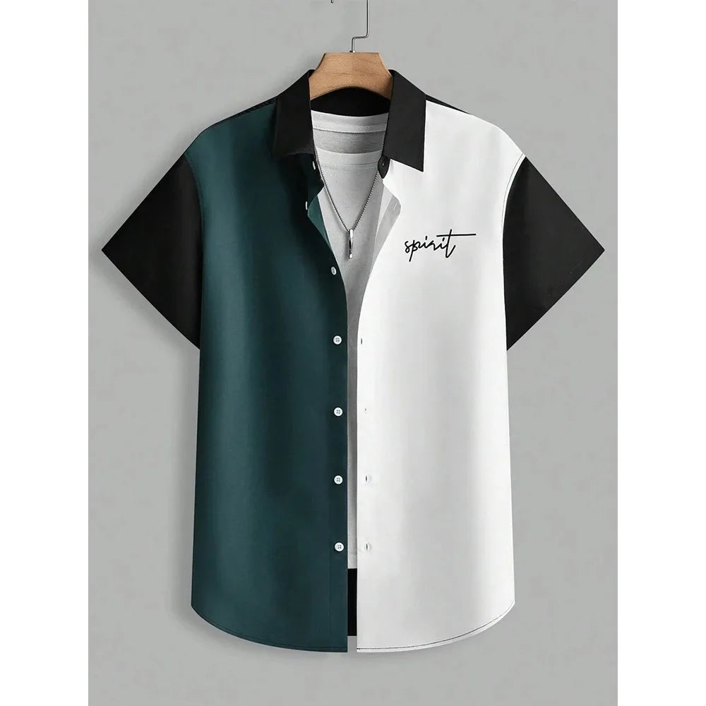 Color block short sleeve button-up shirt with 'spirit' text, black, white, and green