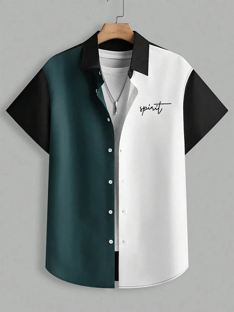 Colorblock short sleeve button-up shirt with spirit text, for men, on hanger