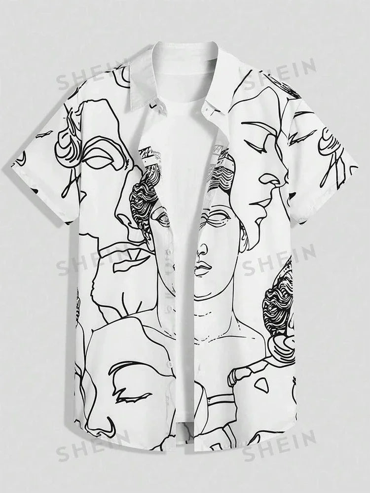 White short sleeve shirt with abstract black line art face print, button up, laid flat