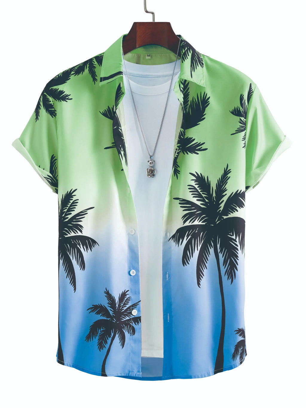 Gradient green and blue Hawaiian shirt with palm tree print, layered over white tee
