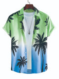 Gradient green and blue Hawaiian shirt with palm tree print, layered over white tee