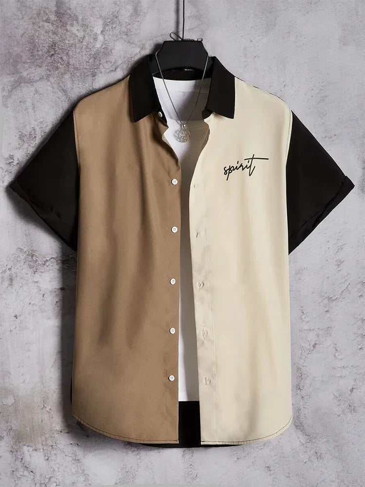 Colorblock short sleeve button-up shirt with spirit text, necklace, and white t-shirt layer