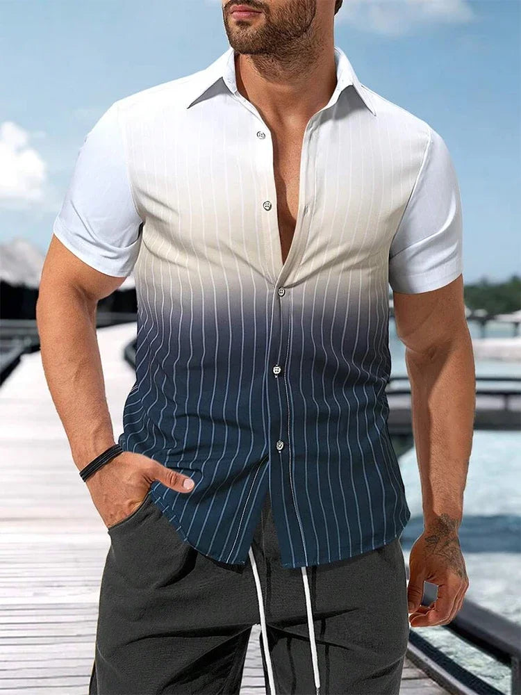 Men’s short sleeve button-up shirt with white to navy gradient and vertical pinstripes
