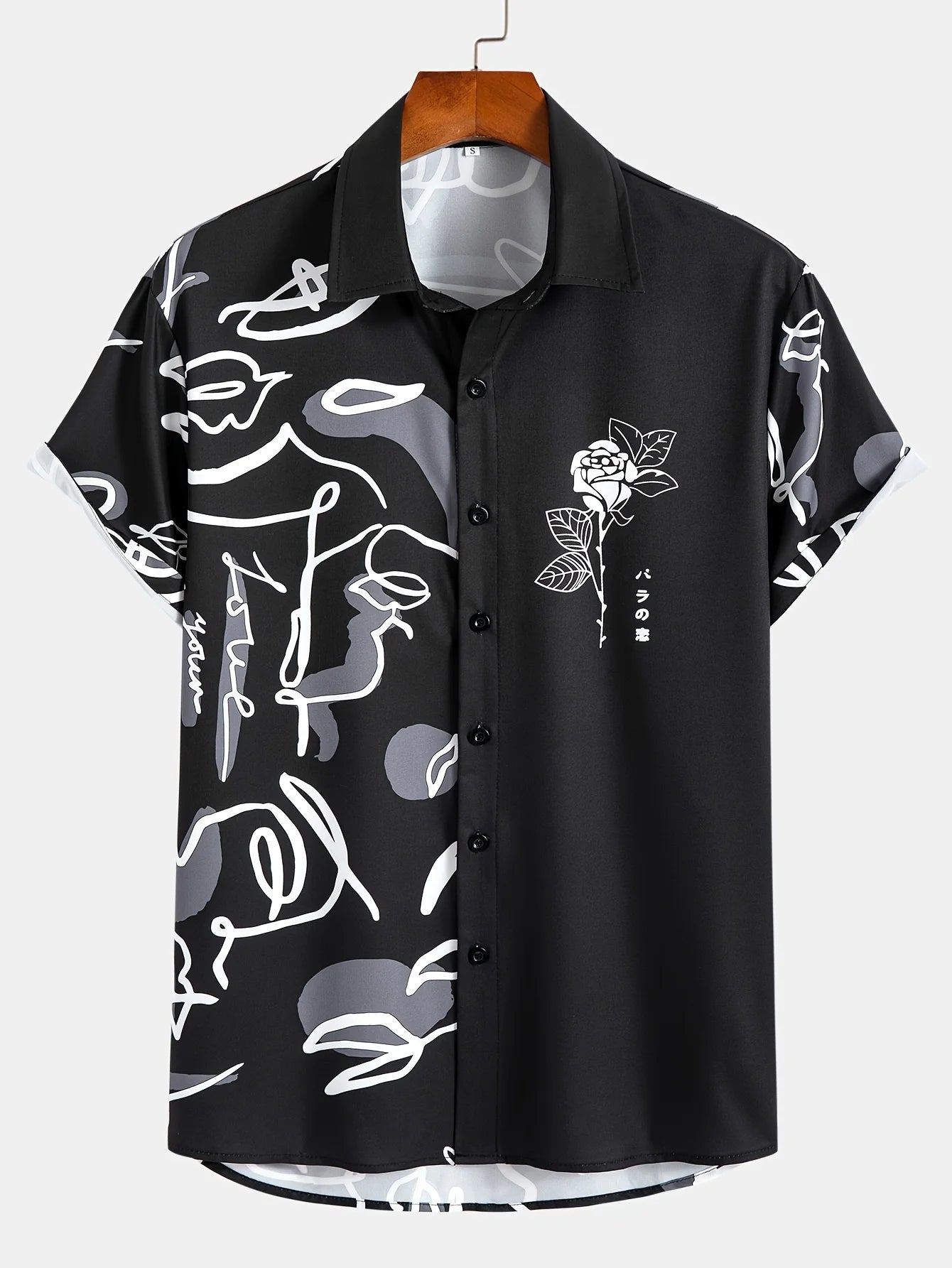 Black short sleeve button-up shirt with abstract white line art and rose graphic print