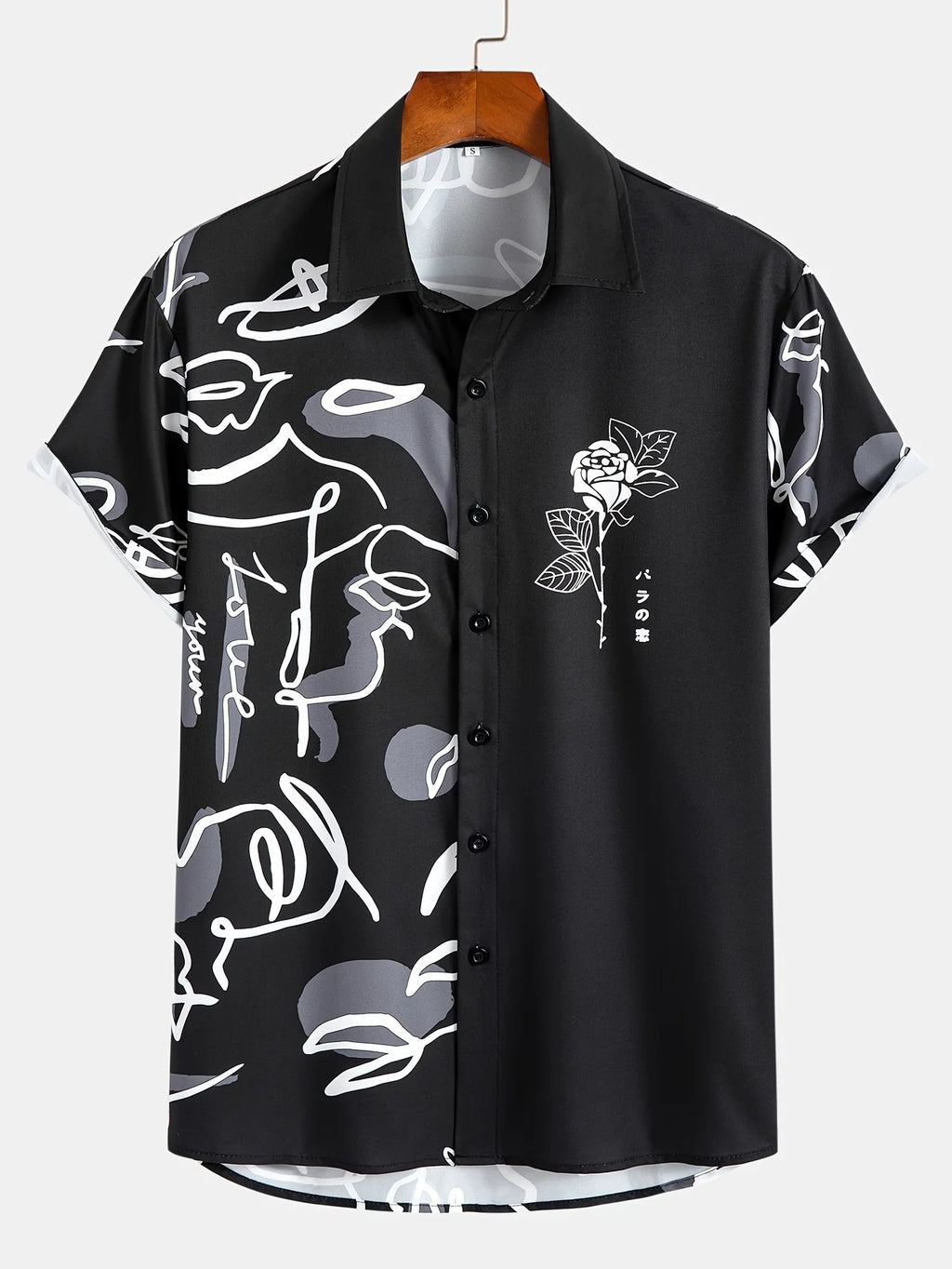Black short-sleeve button-up shirt with abstract white line art and a rose graphic
