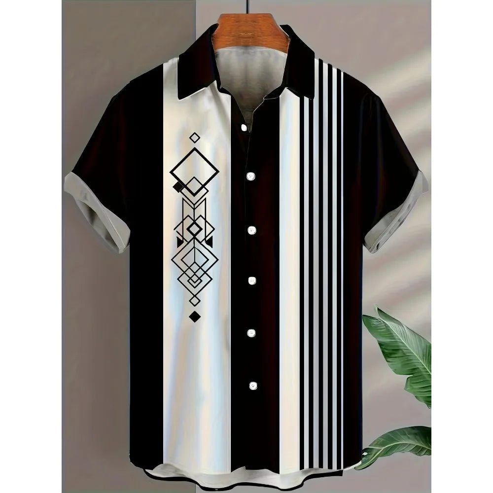 Short sleeve button-up shirt with vertical stripes and geometric black diamond pattern