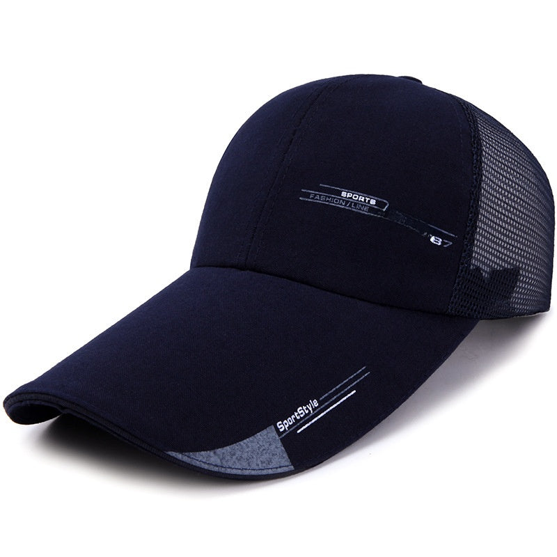 Navy blue mesh trucker cap with curved brim and sporty white print accents
