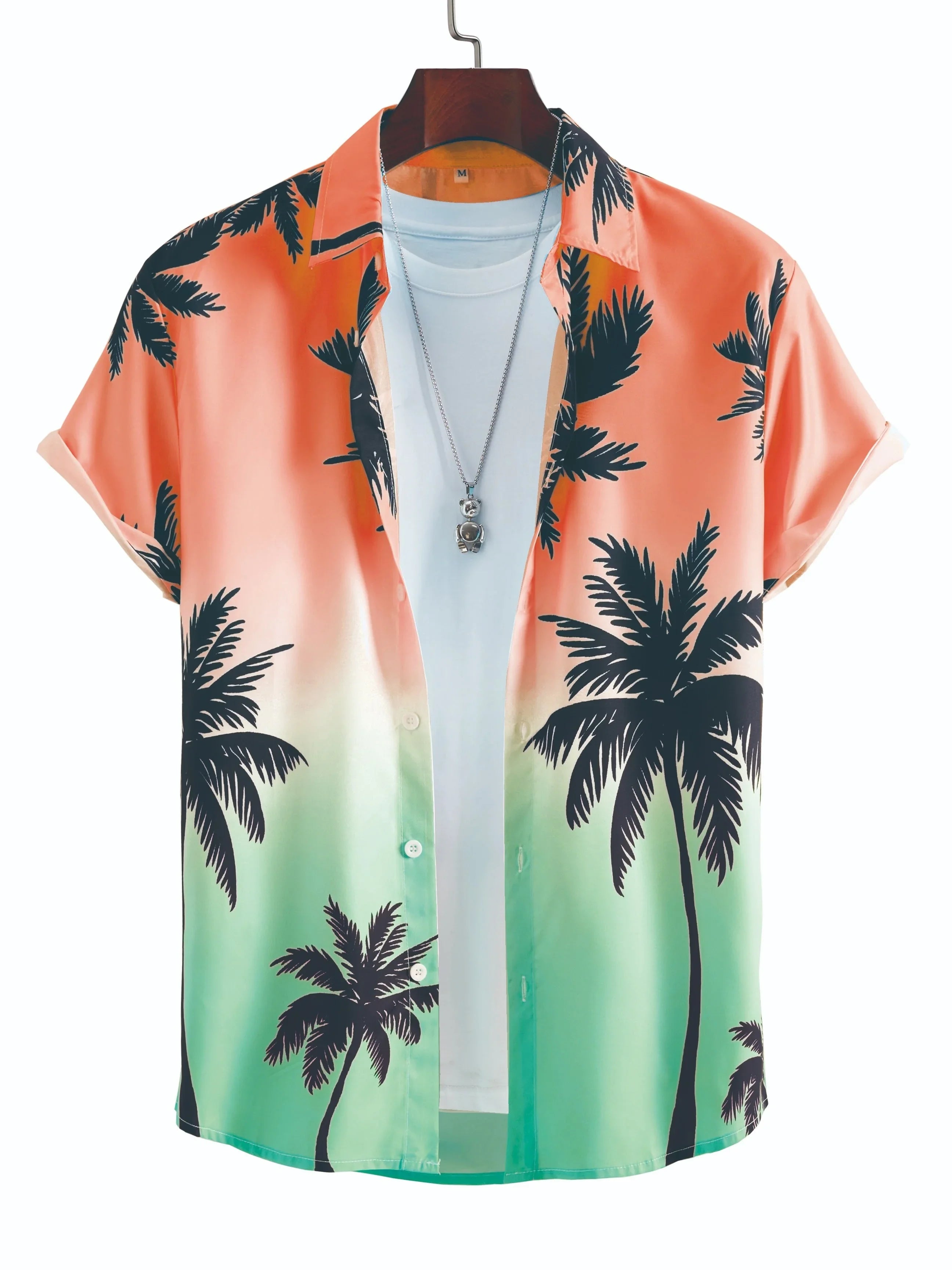 Gradient Hawaiian shirt with black palm tree print, short sleeves, necklace, and white tee
