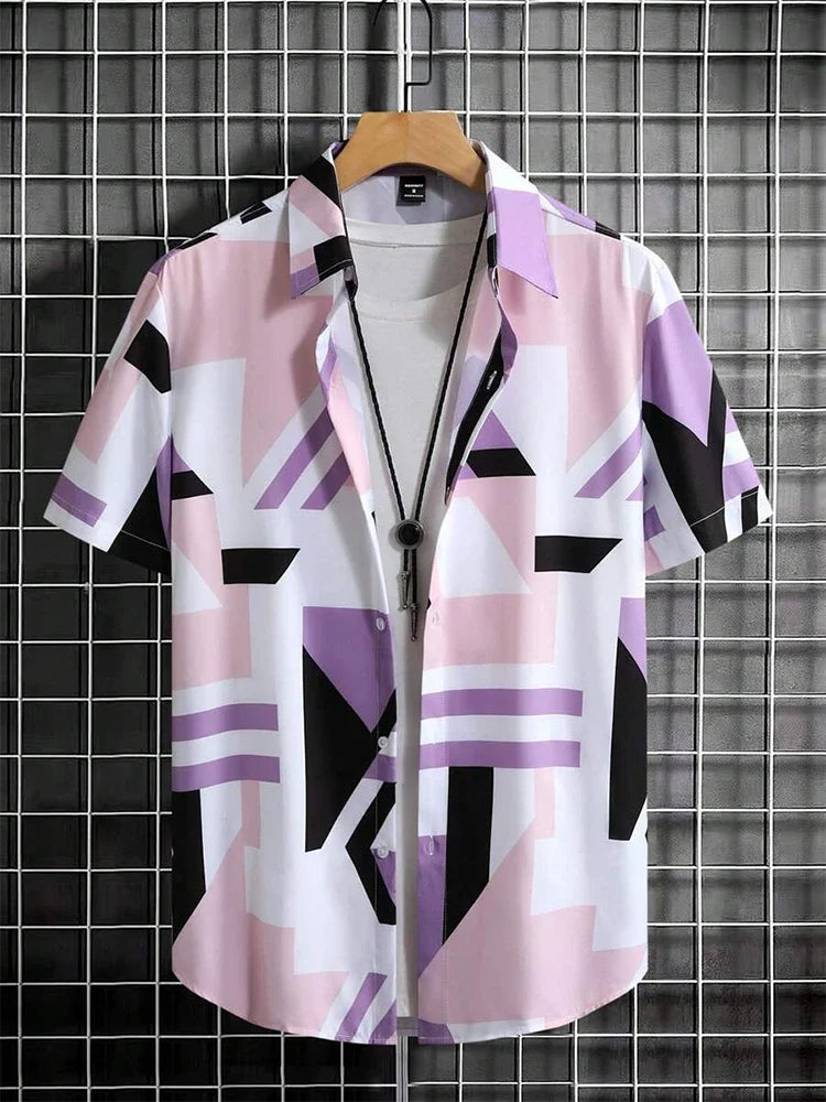 Short sleeve button-up shirt with abstract geometric pink, purple, black, and white pattern