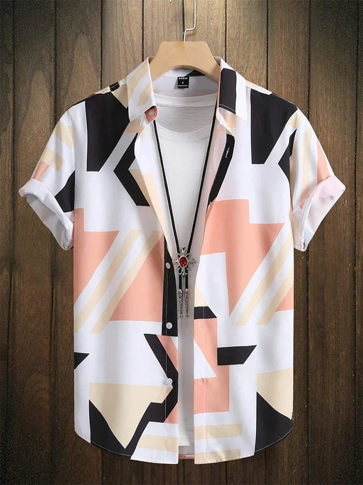 Geometric print short sleeve button-up shirt in peach, black, and beige on a hanger