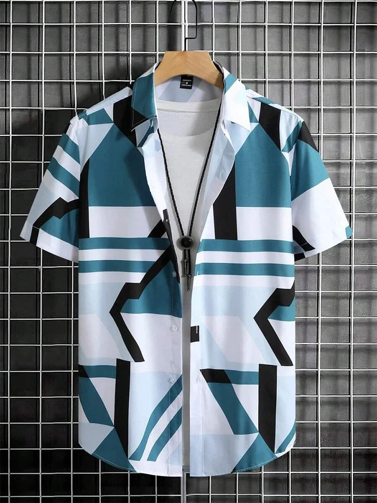 Modern short sleeve shirt with geometric teal, black, and white pattern on hanger