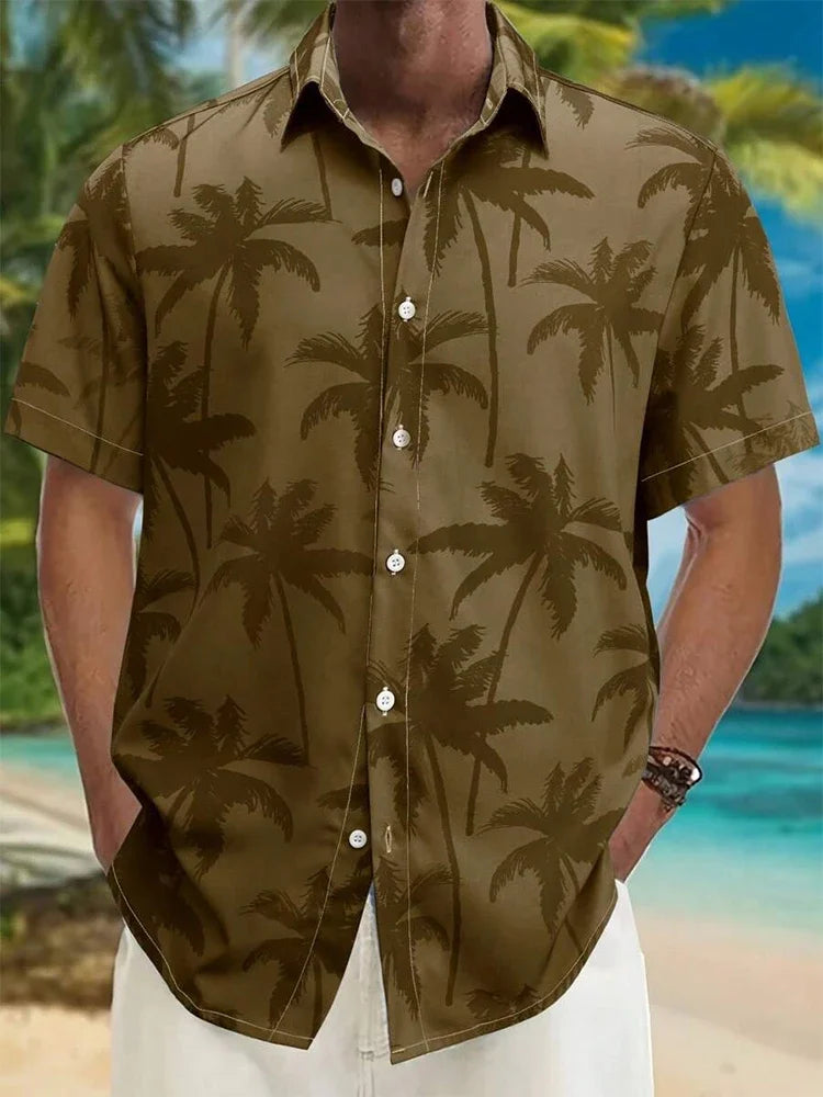 Men's short sleeve button-up shirt with brown palm tree print, beach background