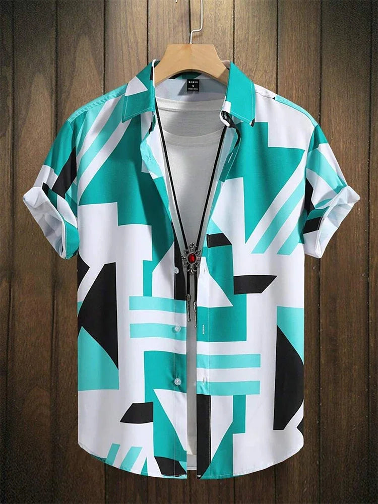 Men's short sleeve shirt with teal, black, and white geometric pattern on hanger