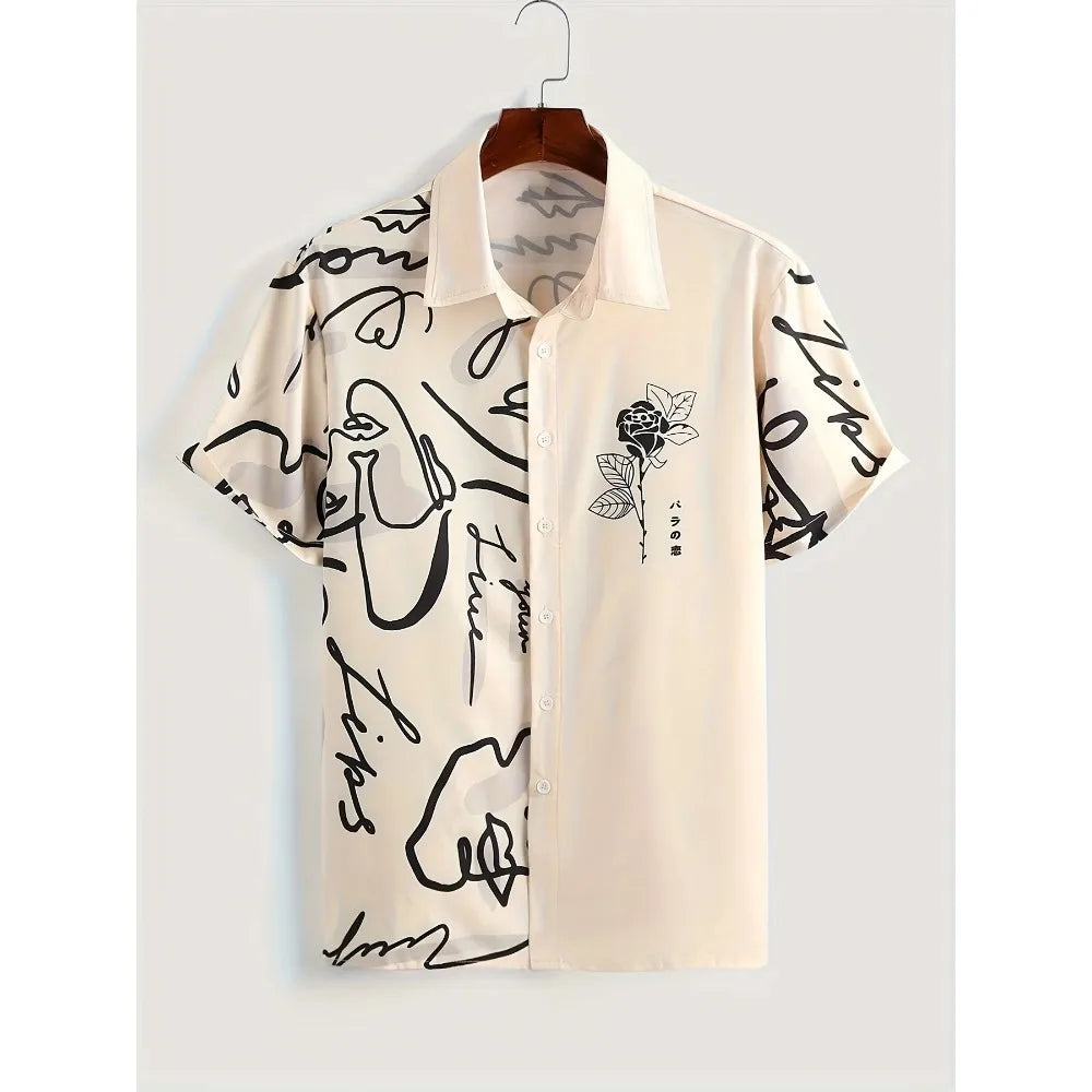 Beige short-sleeve shirt with black abstract line art, rose graphic, and Japanese text design