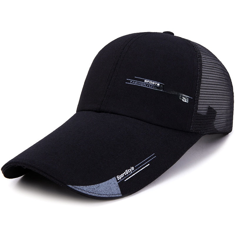 Black mesh trucker cap with curved brim and sport style text, casual fashion accessory