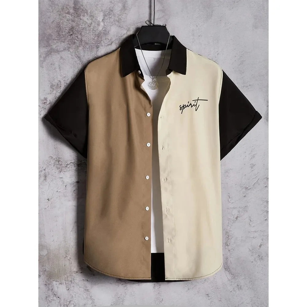 Color block short sleeve button-up shirt with 'spirit' text, displayed on hanger