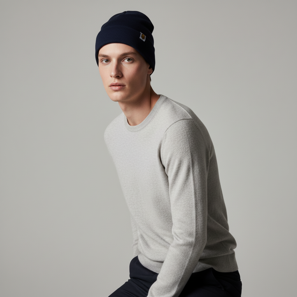 Man wearing a light grey sweater and navy beanie, seated against a plain background.