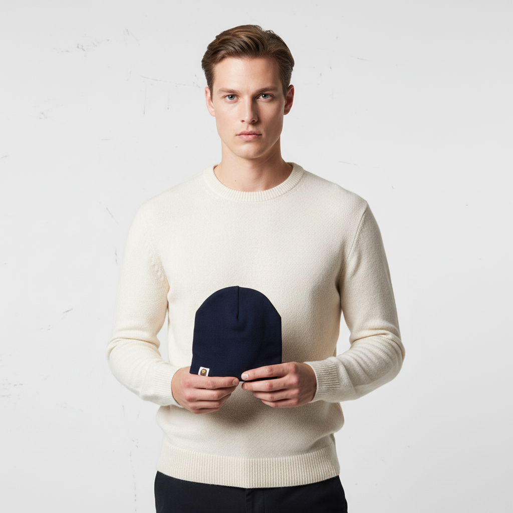 Man in white sweater holding navy blue beanie hat against plain background