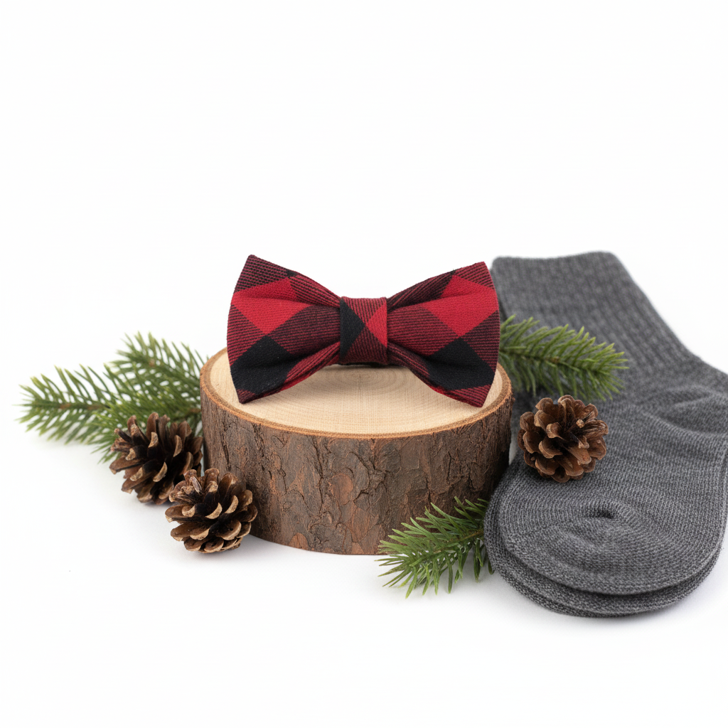Red plaid bow tie on wood slice with gray socks, pinecones, and evergreen branches
