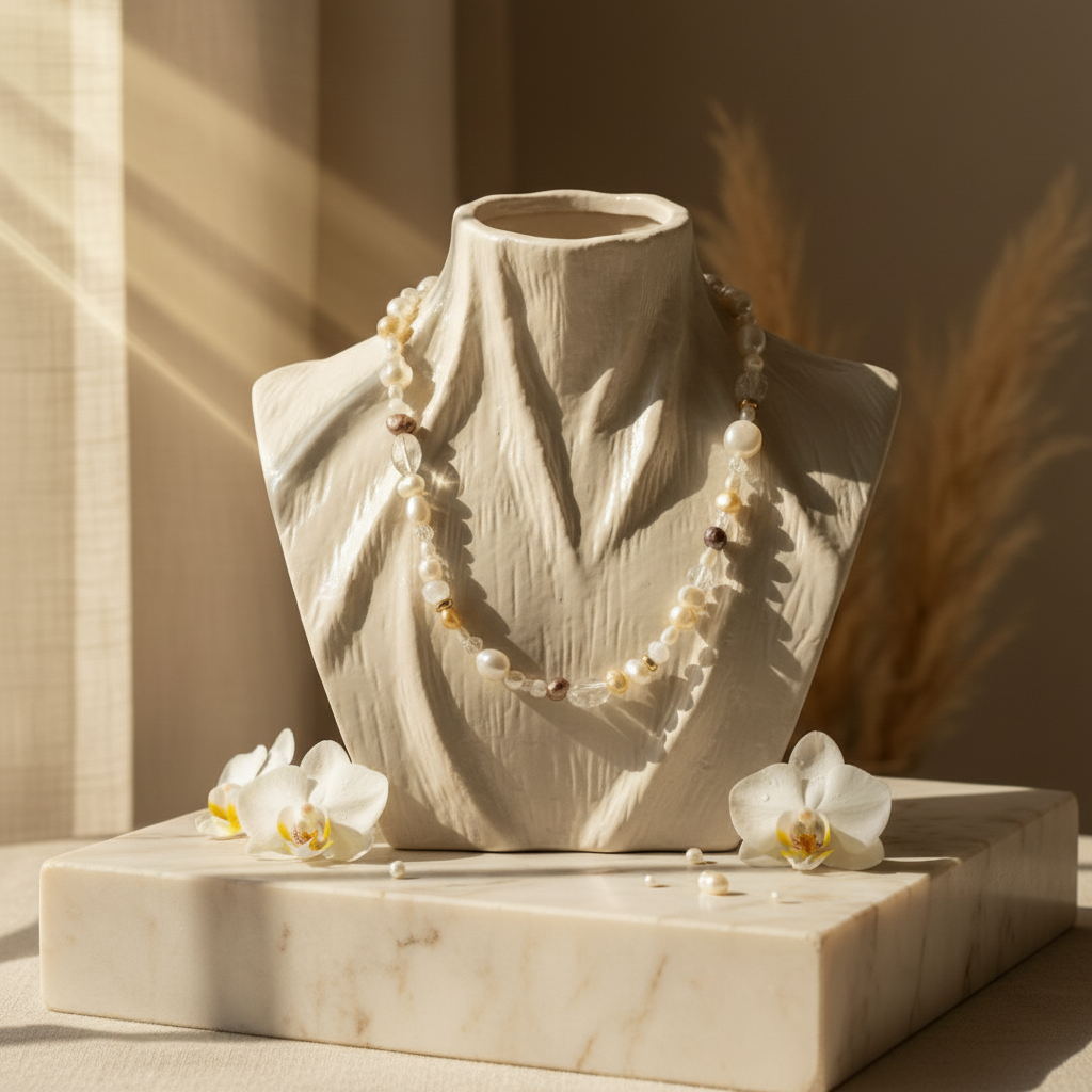 Pearl beaded necklace on a sculpted display with orchids in a sunlit, elegant setting