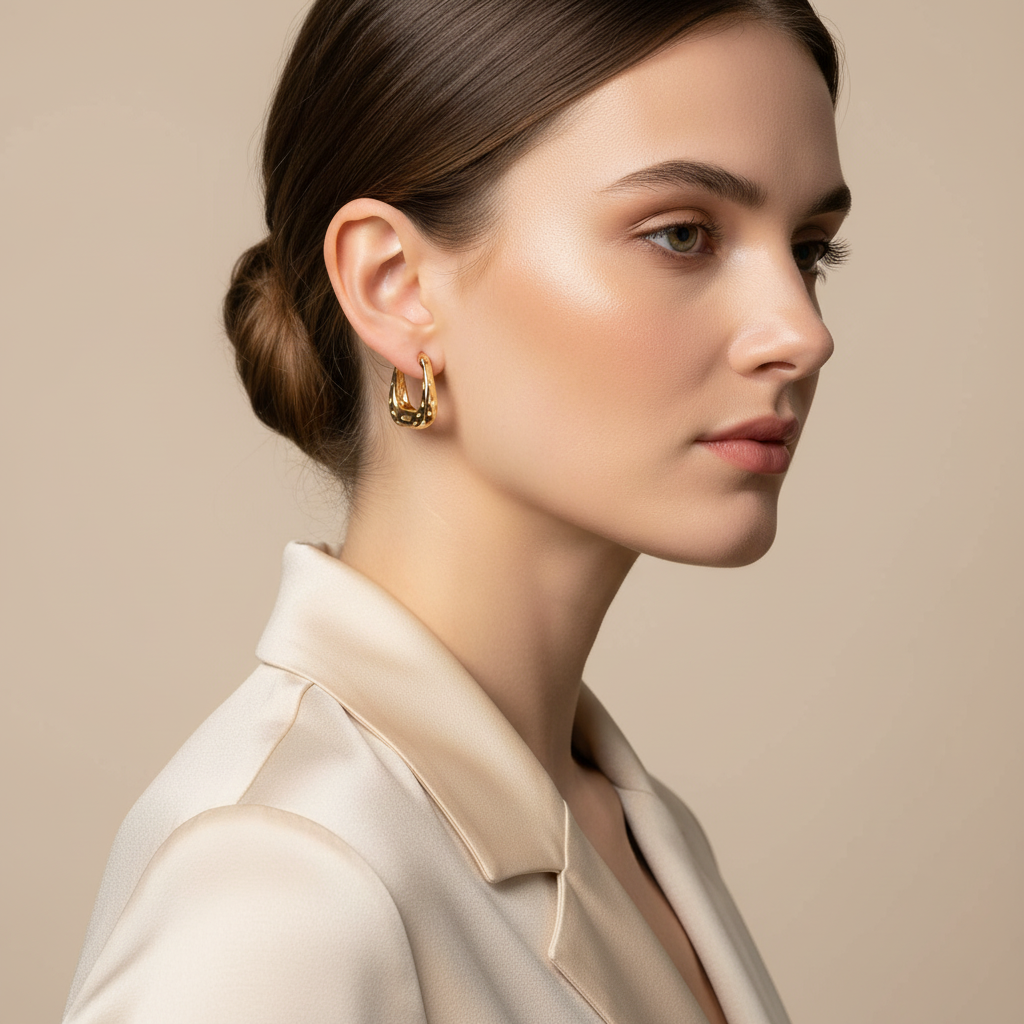 Woman wearing gold hoop earrings and cream satin blazer, side profile on beige background