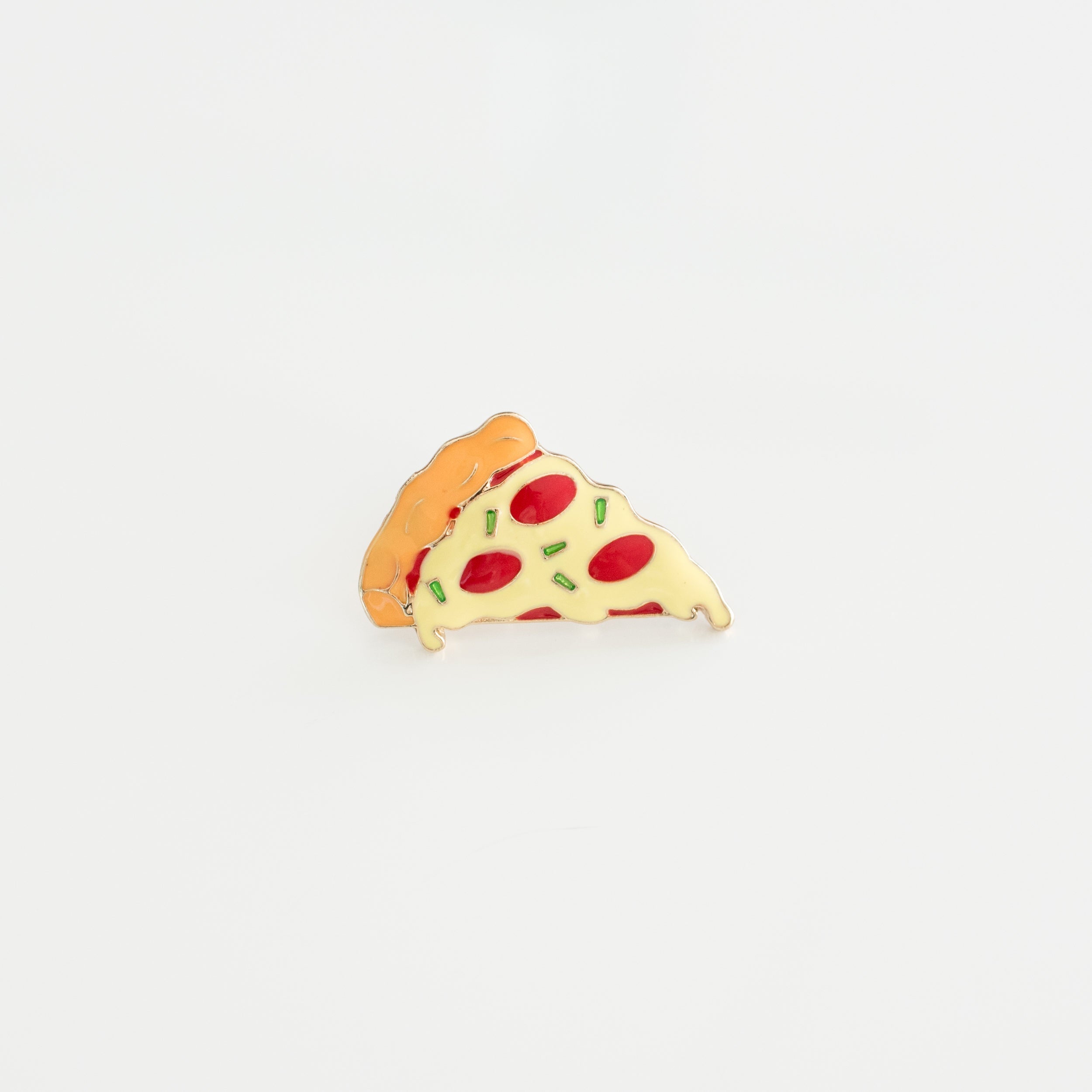 Pizza slice hard enamel lapel pin with cheese, pepperoni, and chives on white background